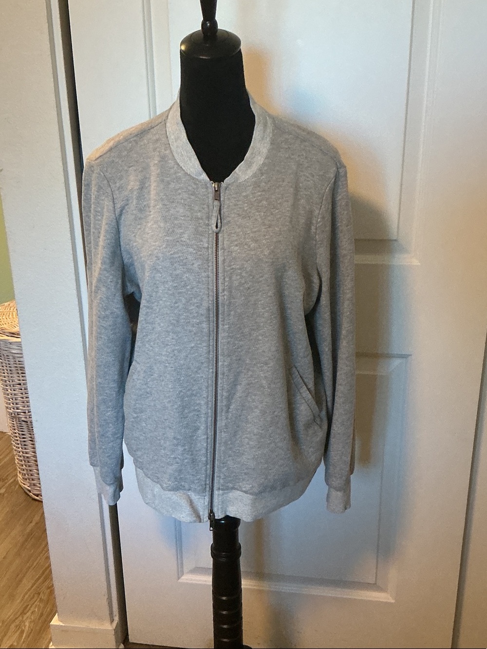 Eileen Fisher Gray Cotton Knit 2-way Zip Bomber Jacket L